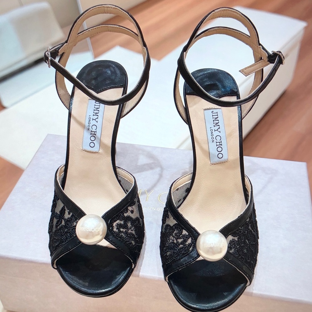 Jimmy Choo Black Lace Pearl-Embellished Ankle-Strap Heels - Picture 2 of 6